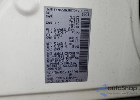 2016 Nissan Rogue S z USA, uszkodzony, nr VIN 5N1AT2MV4GC797399